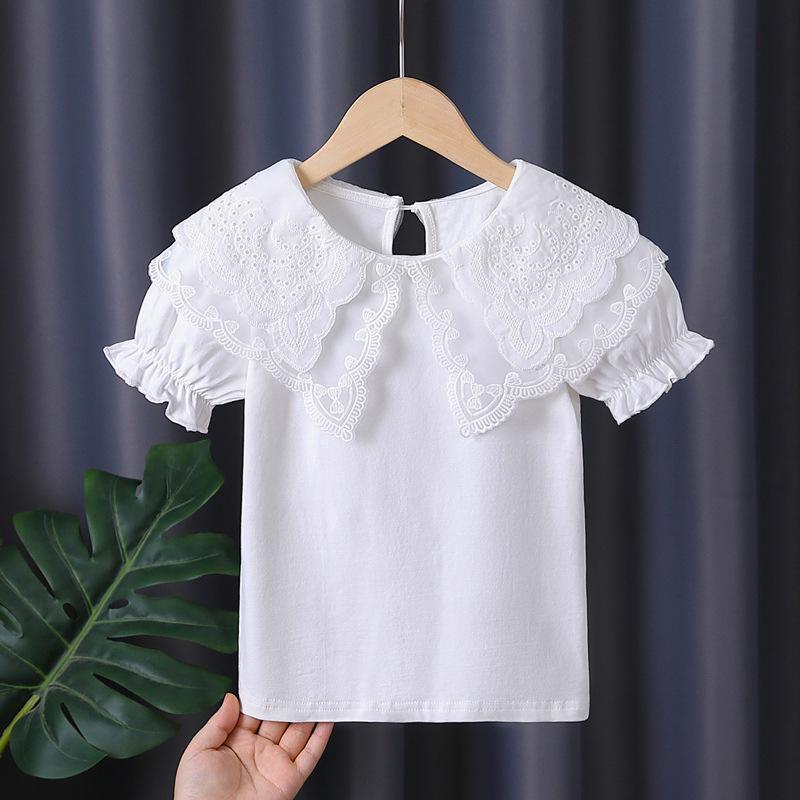 

Премиальная хлопковая футболка с белым кружевным воротником для девочек - Летняя с коротким рукавом для детей 120 cm белый