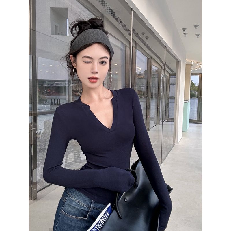 Kumikumi Pure Desire Style Design Sense Half-Open Collar Long sleeves Shirt Women Autumn Slim fit Slimming Solid All-Matching Top