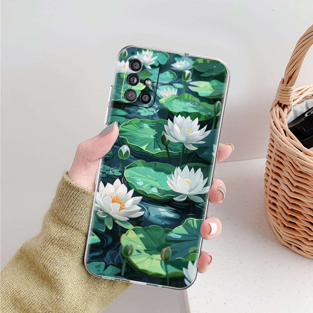 Phone Case For Samsung A15 A13 A35 A55 A51 A71 A41 A31 A21S A03S A05 A17 A23 A25 A33 A53 A73 5G A07 4G Clear Cover Lotus Pattern