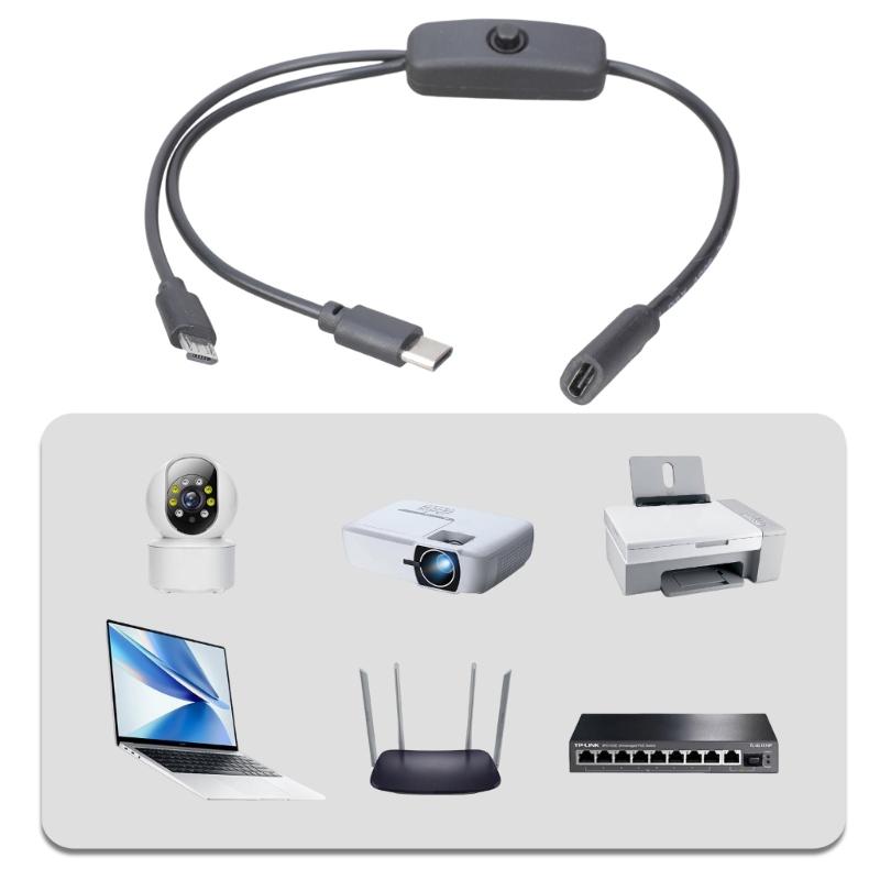 Type C Female to USB C & Micros USB Male Charging Cable with On/Off Switches Charge 2 Devices Simultaneously