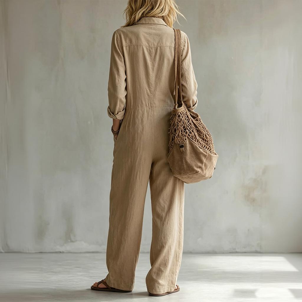 Women's Color Long Sleeve Wide Leg Jumpsuit with Collar for Vacation Travel