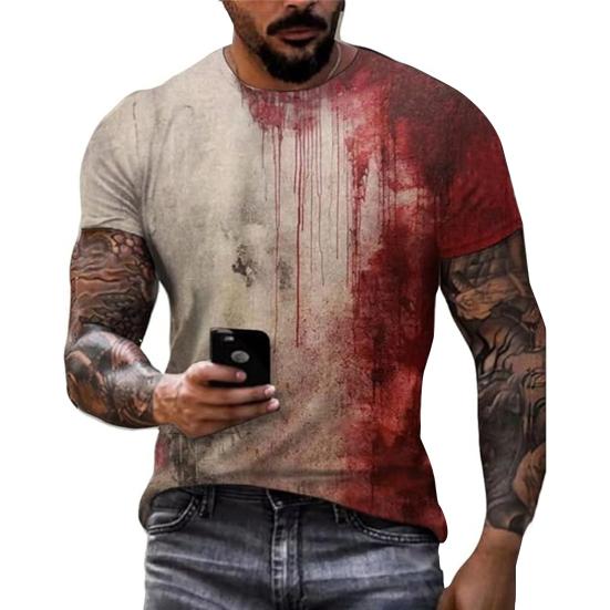 Men Halloween T-shirt Spooky Crew Neck Short Sleeve Tee Blood Stain Print T-shirt for Halloween Dress-up Horror Themed Party