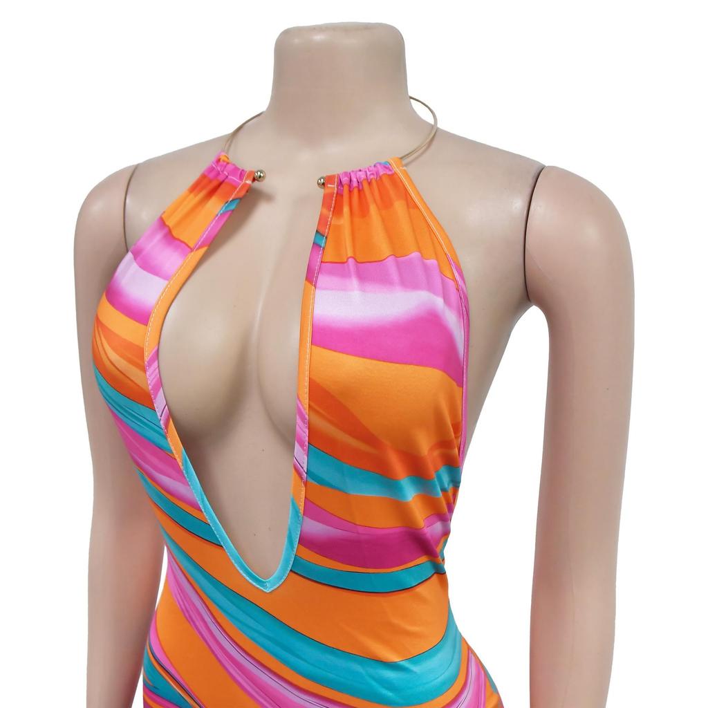 Women's Fashion Sleeveless V-Neck Backless Printed Maxi Dress