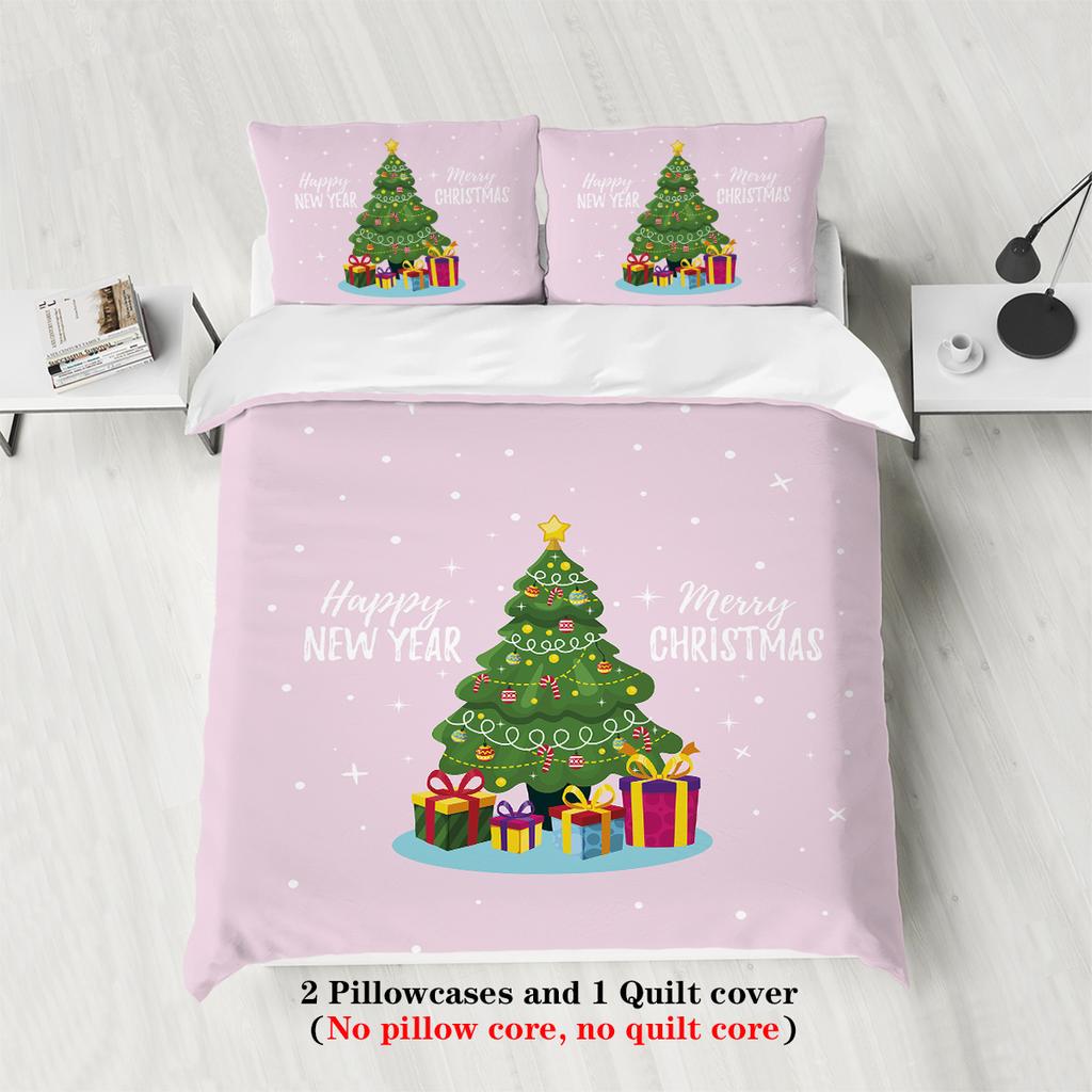 3-piece Christmas themed pink Christmas tree print (1 duvet cover+2 pillowcases, no core) comfortable bedding set