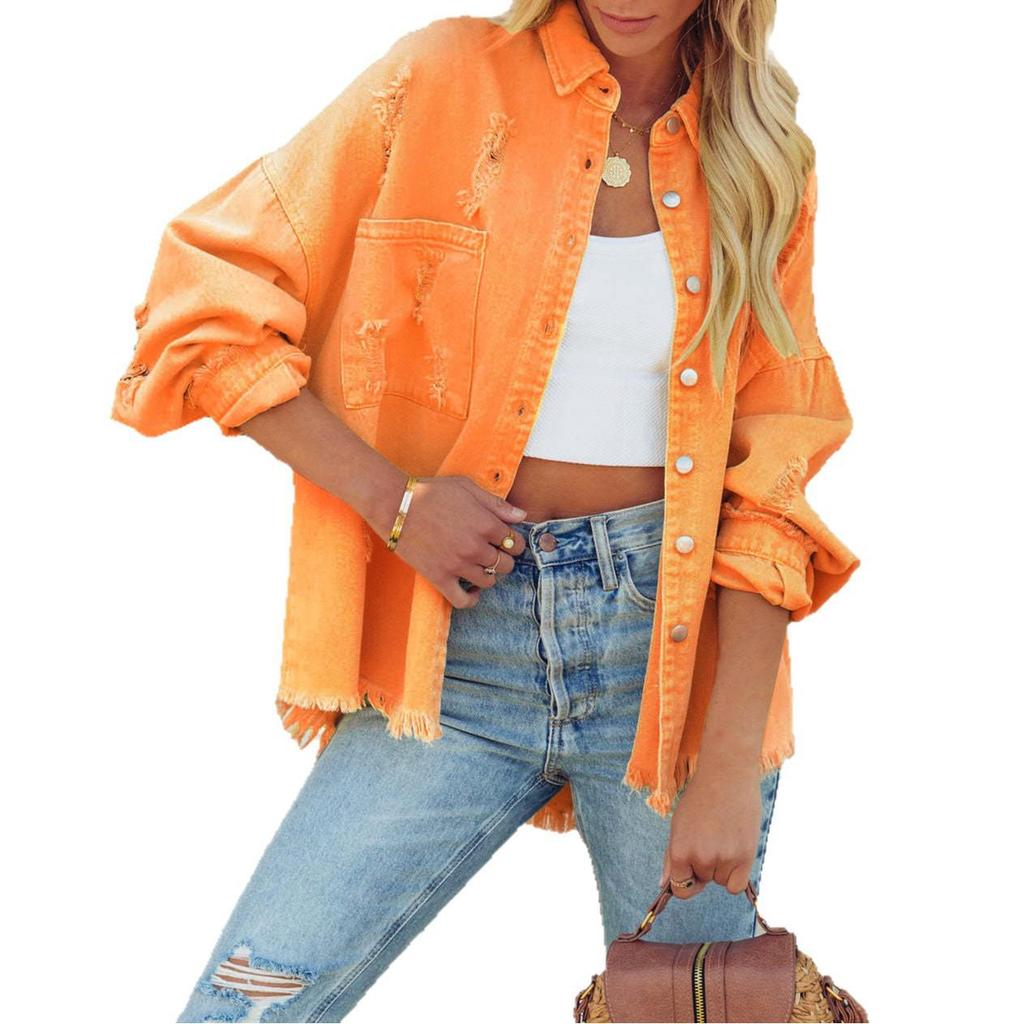 2025 European & American Style Distressed Ripped Denim Jacket for Women