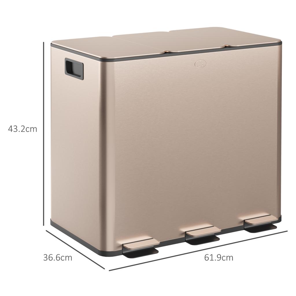 45L Triple Compartment Stainless Steel Bin With Deodoriser Holders Gold Tone