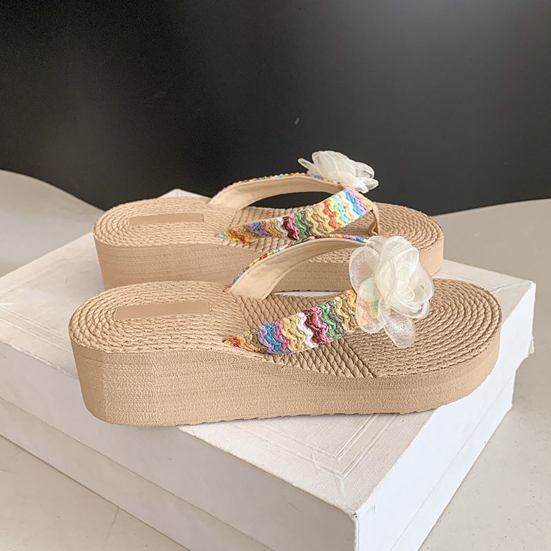 2025 Summer New Fashionable Versatile Non-slip Slope Heel Flower Vacation Thick Bottom Lightweight Height-increasing Flip-flops Women