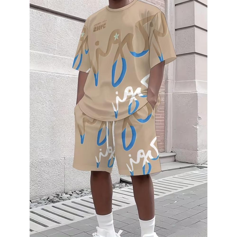 Summer Fashion Men's Personalized Fun Letter 3D Printing Two-piece Set Fashionable Comfortable Breathable Loose Large Size Sports Wear