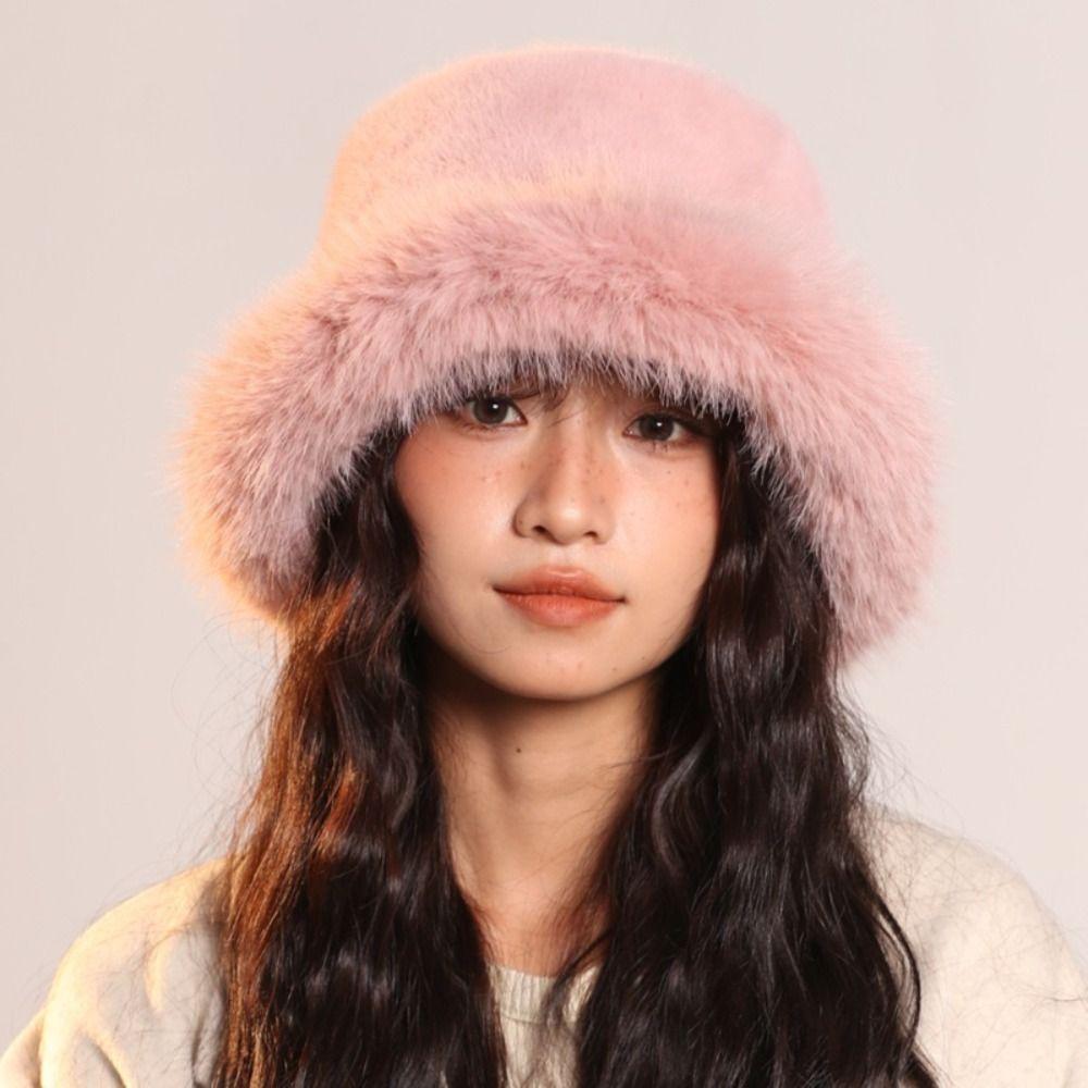 Warm Plush Bucket Hat Fluffy Hat Winter Cap Retro Artificial Fur Hat Winter/Autumn