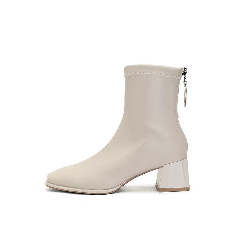 Schmale Damenstiefel mit dicker Sohle und vielseitigem quadratischem Zehenbereich für den Weg zur Arbeit und Reißverschluss hinten, Kurzstiefel für Damen