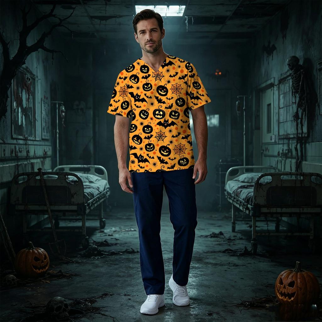 Men's V-Neck Short Sleeve Scrub Top with Halloween Print and Chest Pocket