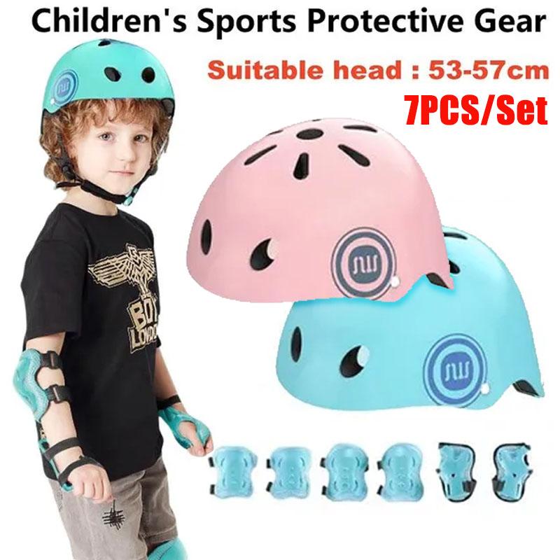 

7 шт./компл. детские спортивные защитные шлемы, безопасный велосипедный шлем, наколенники, налокотники, детский комплект защитного снаряжения для катания на роликах 7PCS/Set синий