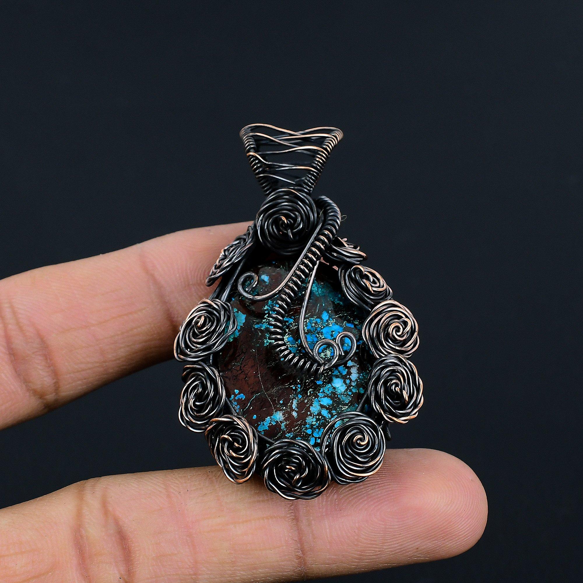 

Подвеска из тибетской бирюзы, ювелирное изделие из драгоценного камня, обернутое медной проволокой 999 пробы, подвеска ручной работы, на День благодарения 2.55 Inches