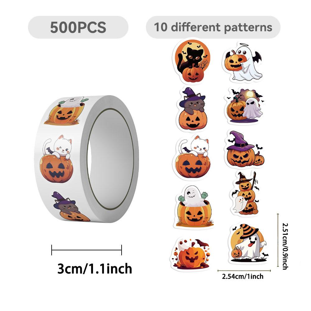 500 Pictures/roll Roll Sticker Tape Hot Spot Cartoon Halloween Pumpkin Handbook Material Decorative Envelope Mouth