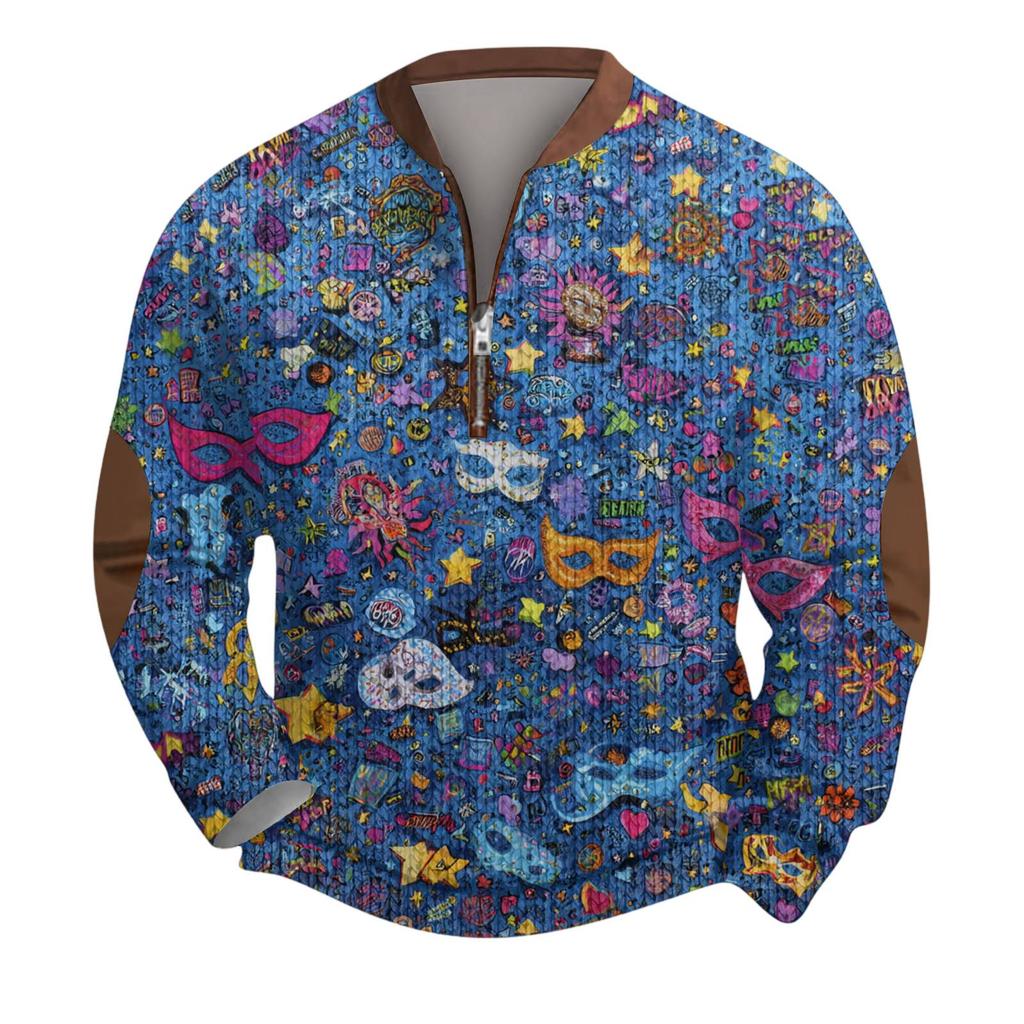 Mens Christmas Sweater Zip Up Sweatshirts Vintage Knit Graphic Sweatshirt CarnivalStand Collar Pullover