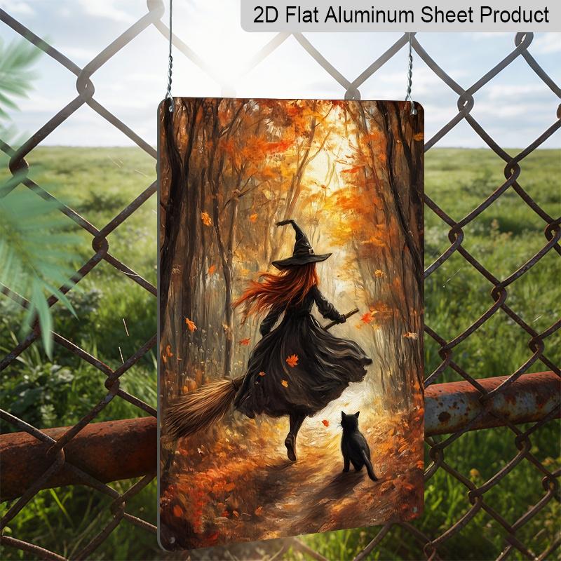 2D Flat Vintage Autumn Forest Witch with Black Cat Aluminum Metal Sign‑8.0x12.0inch Halloween Wall Decor, Witch Broom Fall Maple Leaf Art Plaque