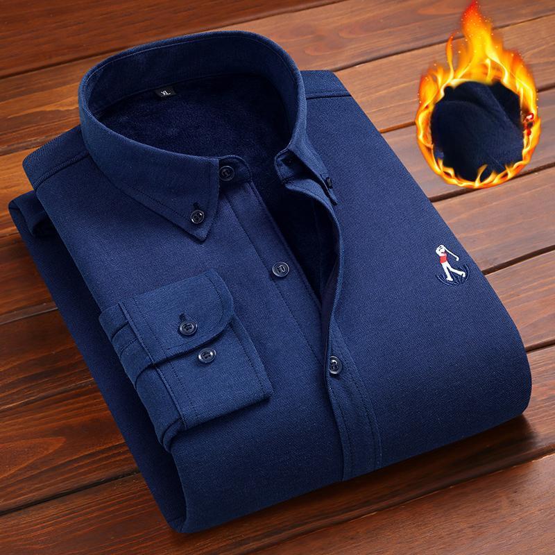 Men's Warm Shirt Men's Fleece Thickened Youth Oxford Spinning Cotton Long Sleeve Solid Color Embroidered Men's Shirt