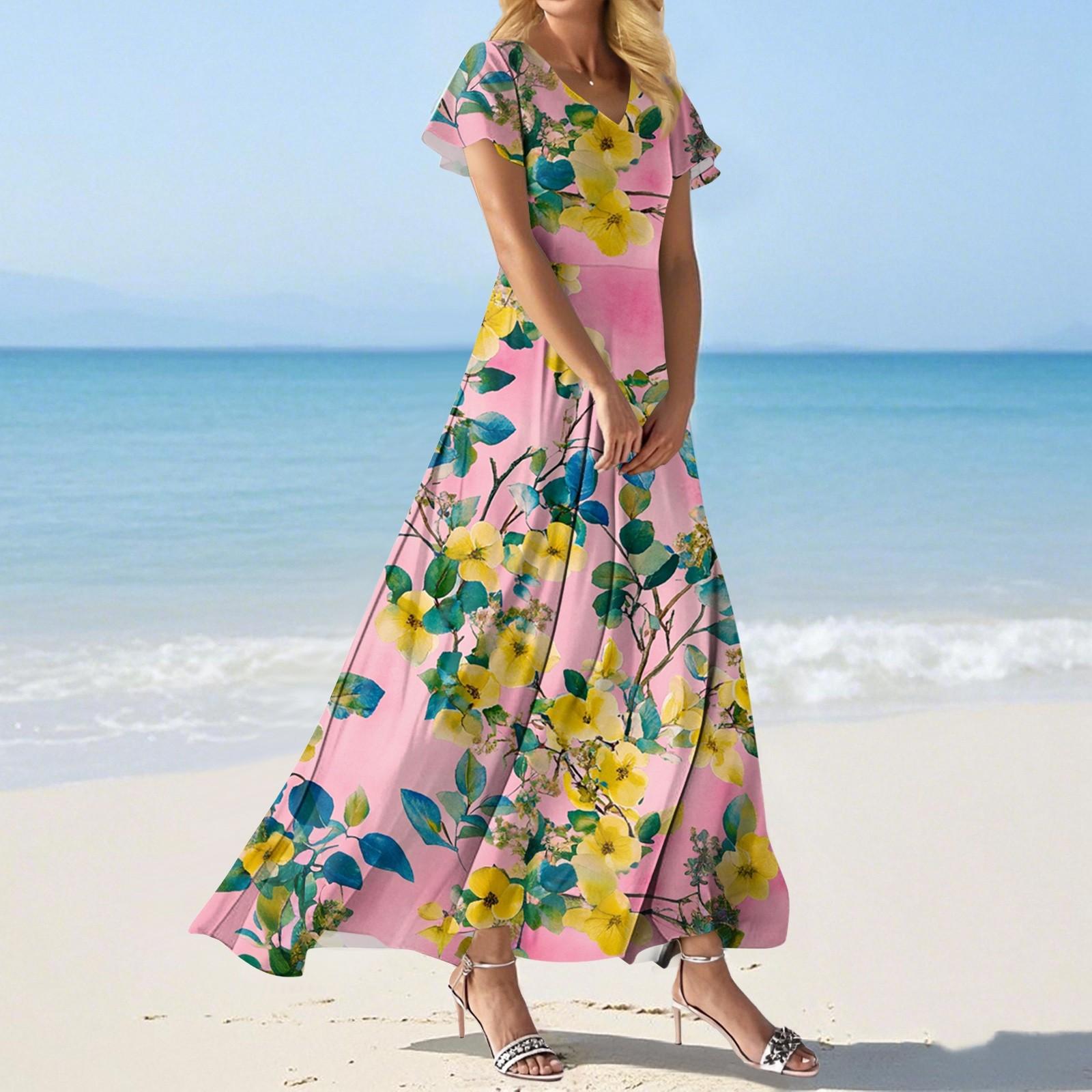 

Модное Женское свободное повседневное платье с V-образным вырезом, короткими рукавами и высокой талией S розовый