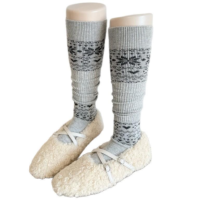 Women's Wool Mid-Calf Socks: Thickened Autumn/Winter Brown Slouch & Gray Stirrup Warmers