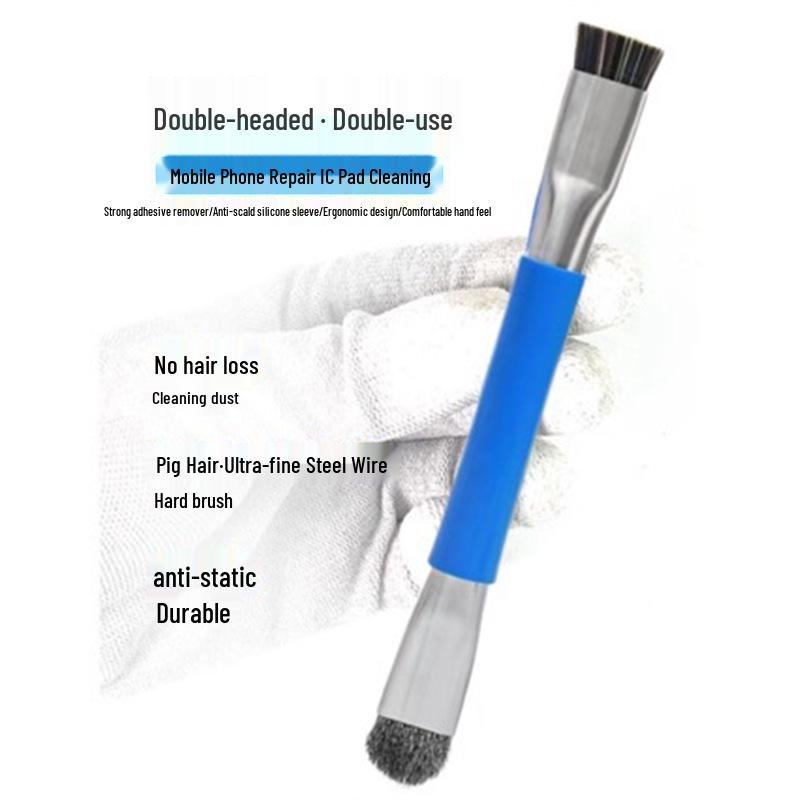 Dual-Head Pig Bristle Anti-Static Brush for Mobile Phone Motherboard and Solder Pad Cleaning Double-headed Brush with Steel Wire + Pig Bristle