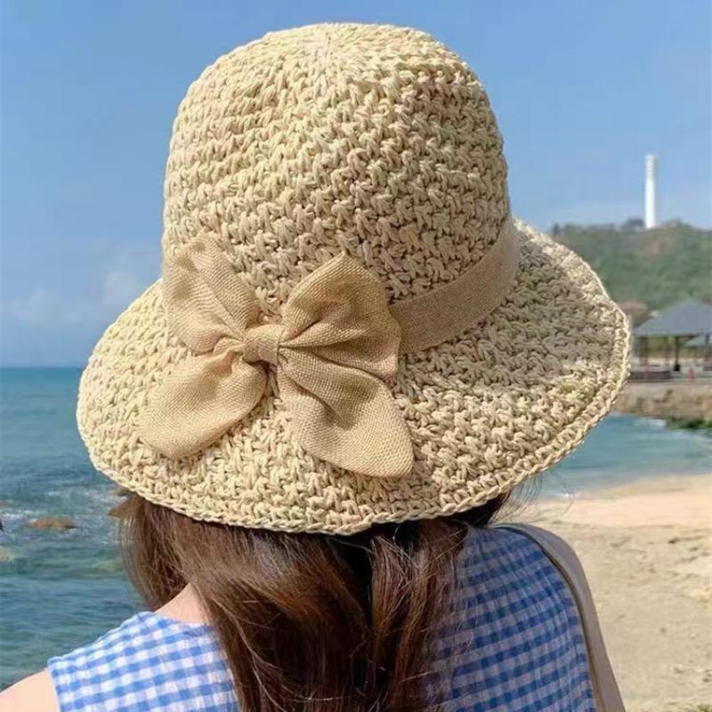 New summer small fresh sun hat straw hat women's small bucket hat simple bow versatile sun hat
