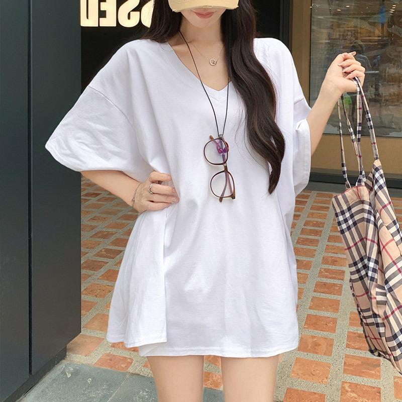 Women V Neck Loose Solid Casual Summer Thin T Shirt Top Onesize белый