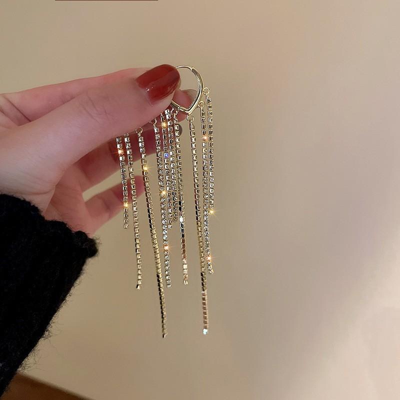 Unique Design Black Crystal Long Tassel Earrings for Women New Fashion Temperament Personality Cool Girls Party Jewelry