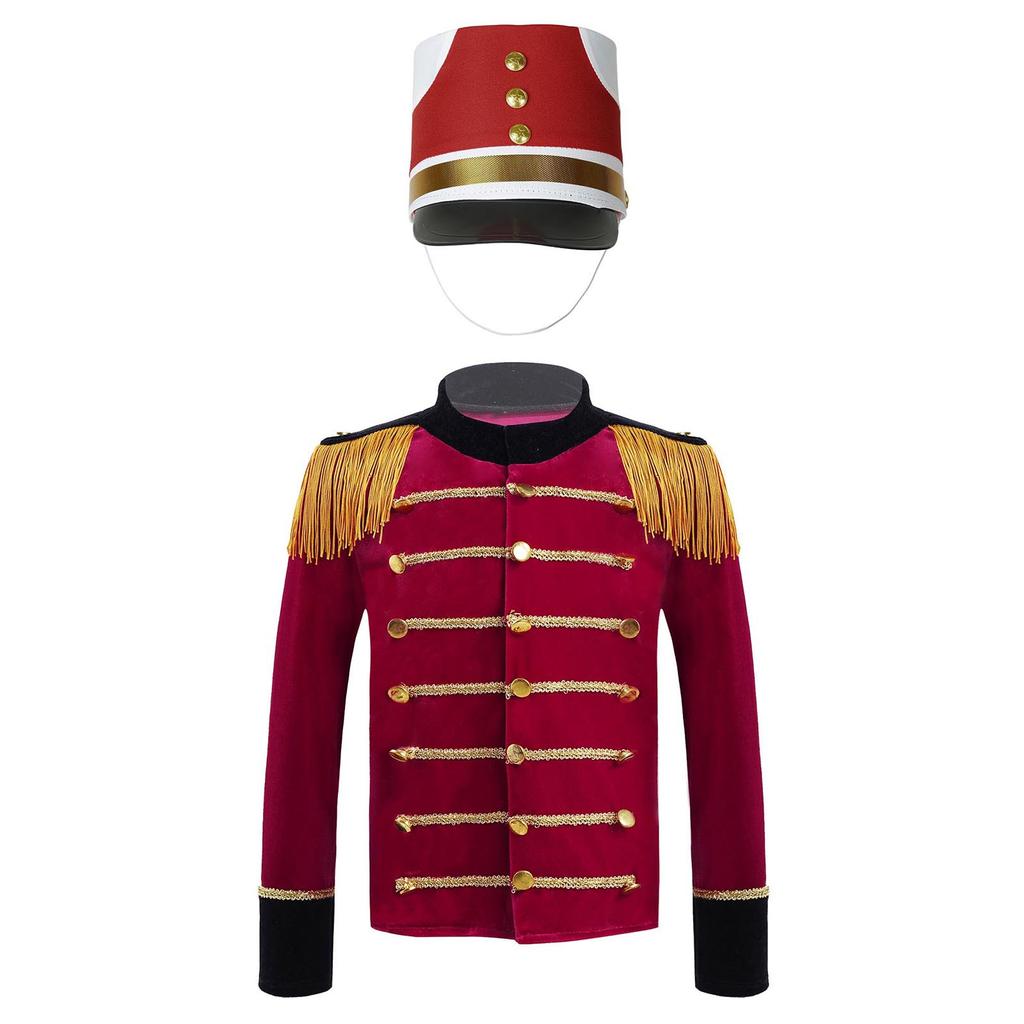 Boys Long Sleeve Tassels Shoulder Gold Braid Adorned Tops Hat Drum Trumpet Team Honor Guard Costume