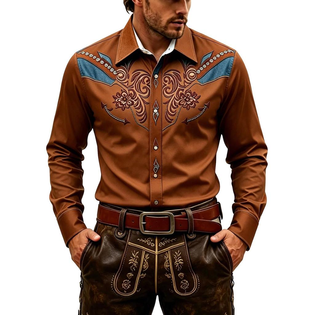 Camisa Occidental para Hombre Retro Estampado 3D Bordada Manga Larga Ajuste Top de Fiesta
