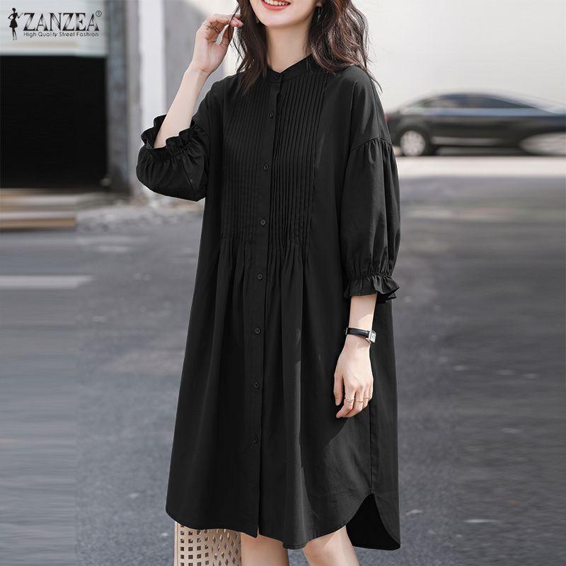 ZANZEA Women Stand Collar Solid Color Loose Long Sleeve Shirt Dress
