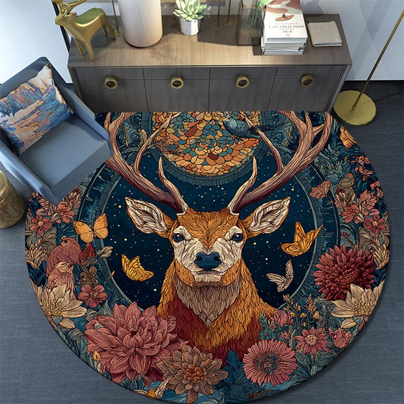 Deer Round Area Rug,Carpet Rug for Living Room Bedroom Sofa Playroom Decor,Non-slip Floor Mat
