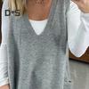 Women Sweater V-neck Sleeveless Solid Color Knitting Vest with Pockets Ribbed Trim Loose Fit Mid-length Casual Knitwear