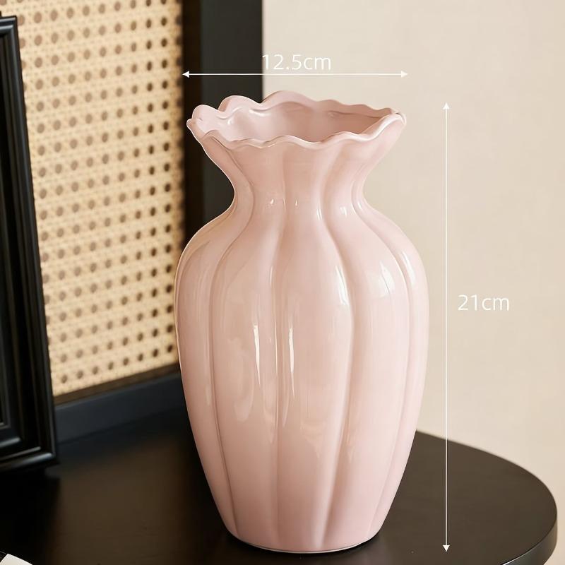 Cream Ceramic Vase Ruffled Edge Fluted Design Home Table Decor Vase For Fresh Flower Arrangement