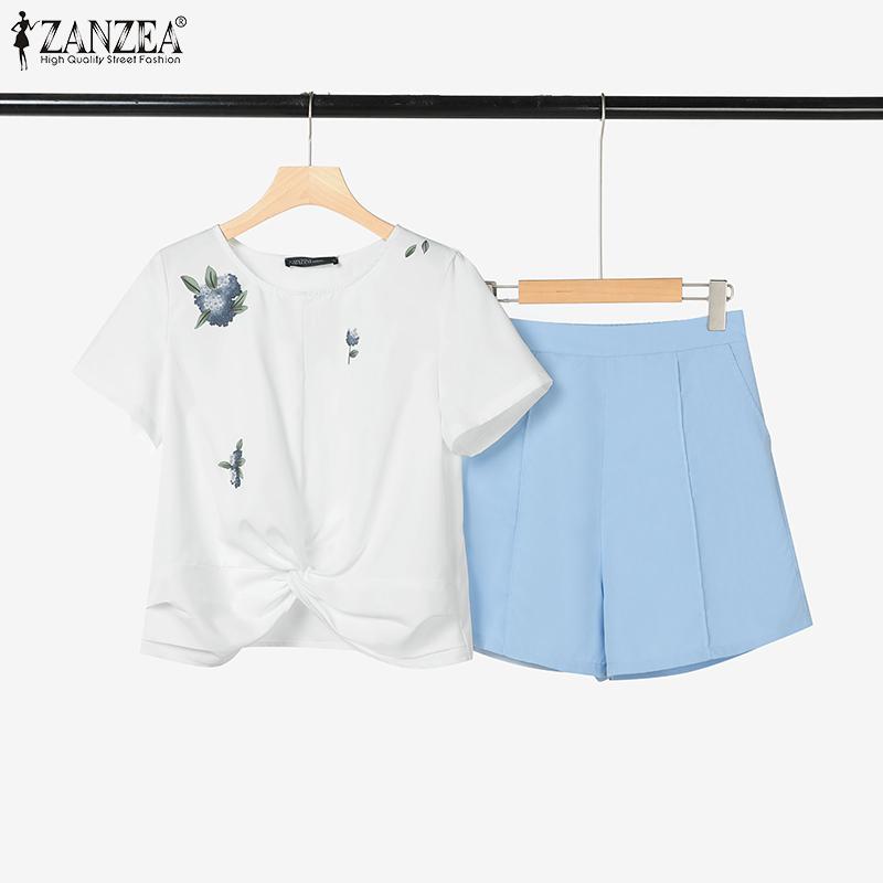 ZANZEA Women Short Sleeve Print Blouse and Shorts Summer Two Piece Suit Sets