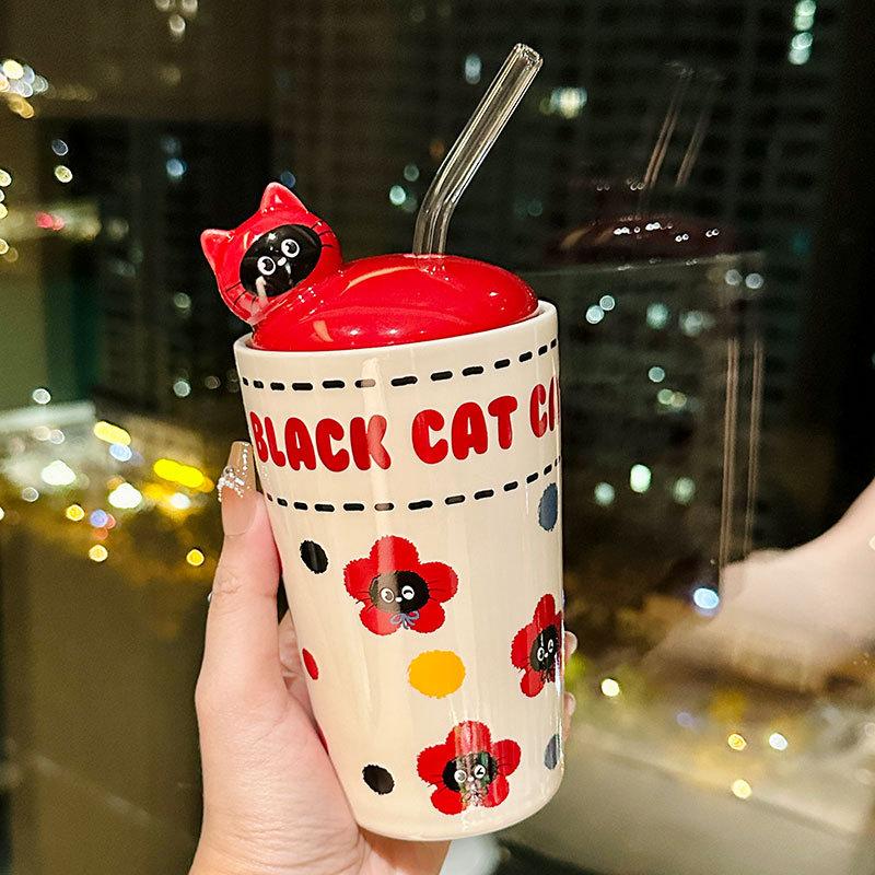 Cartoon Happy Kitten Ceramic Straw Cup Children's Household Cup with Cover Girly Heart Personalized Gift Souvenir