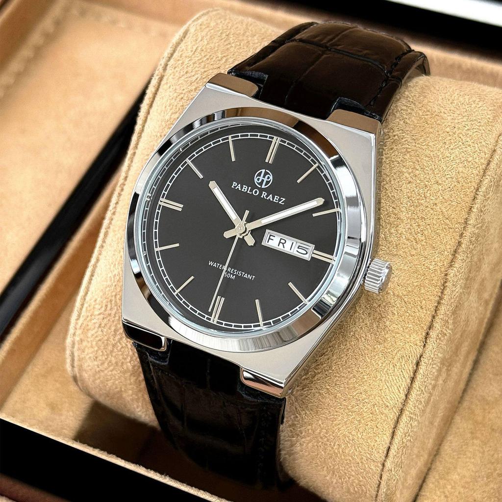 PABLO RAEZ Men's Dual Calendar Waterproof Quartz Watch with Leather Strap