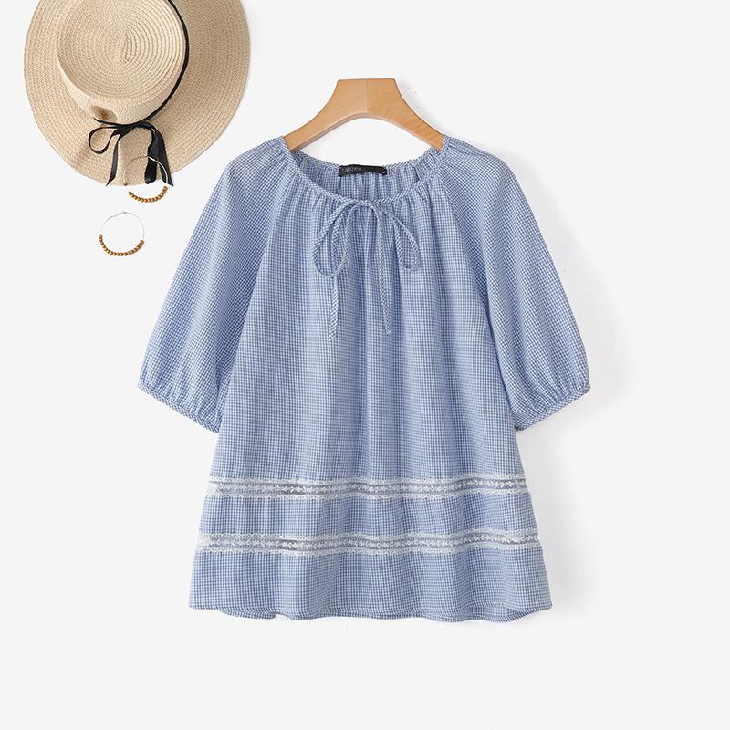 ZANZEA Blusa Casual para Mujer de Cuello Redondo, Manga Corta Holgada con Estampado de Cuadrícula