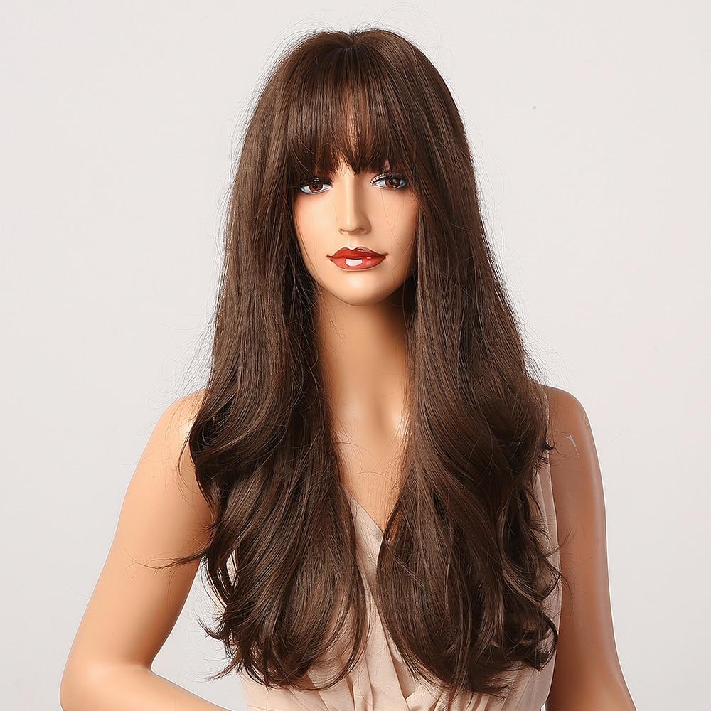 Dlouhé vlnité hnědé Ombre syntetické paruky s ofinou Cosplay Party paruky pro ženy Paruky z přírodního denního vlasu odolné vůči teplu