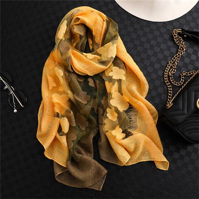 Double-Color Matching Women Scarf 70*190 Cm Female Fashion Cut Flower Hollow Petal Imitation Silk Wool Scarf Versatile Scarf