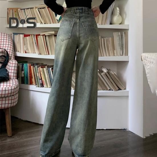 Jeans da donna Vita alta Chiusura con bottoni con cerniera Tinta unita Gamba larga ampia Lunghezza del pavimento Tasche dritte effetto invecchiato Pantaloni denim colorfast morbidi da donna