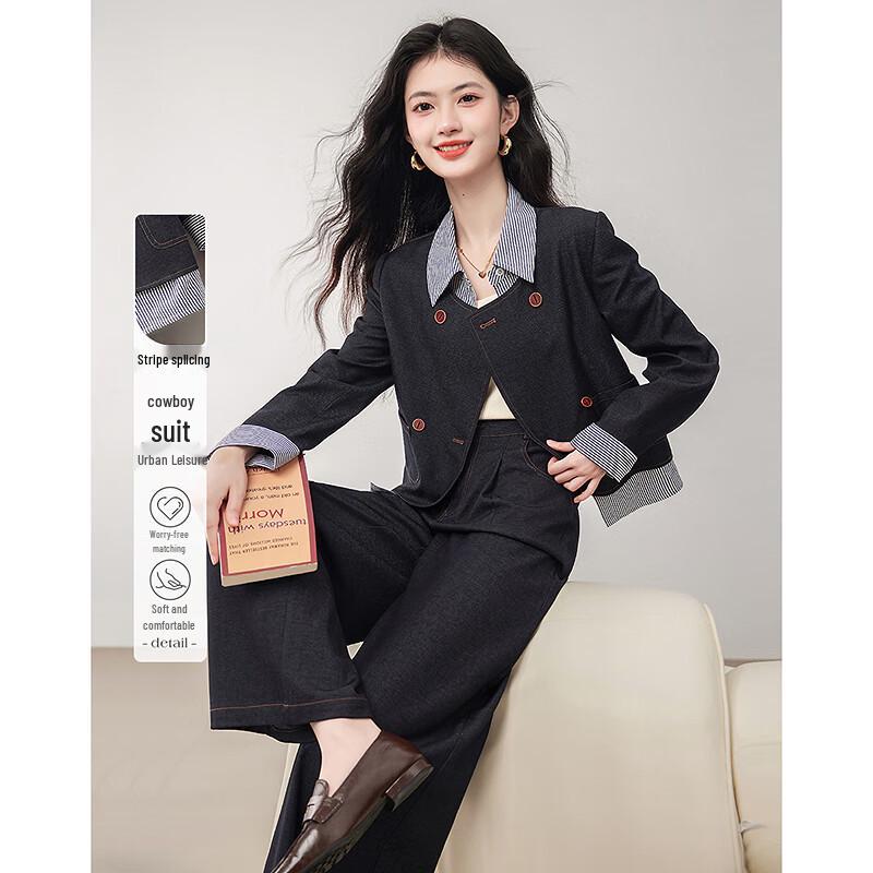 

2025 Fall Women s Striped Patchwork Denim Set L