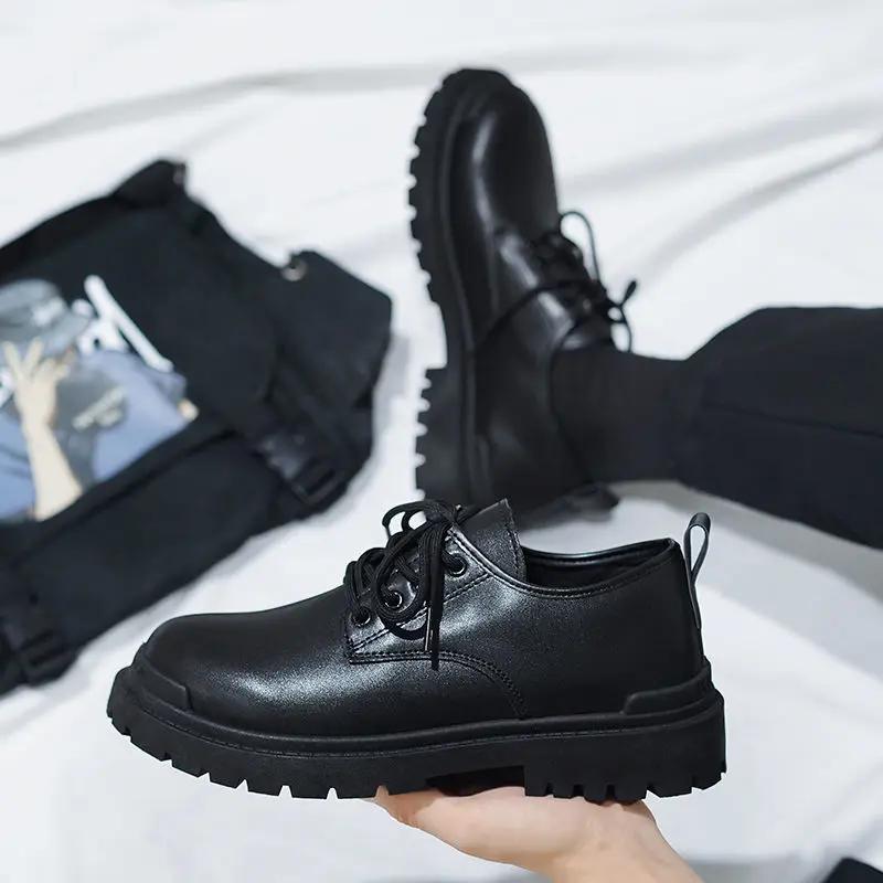Fashion Lace Up Leather Shoes for Men Platform Round Toe Thick Sole Shipping Free New In Man Casual Shoe Legitimate 2024 Trend Low Price