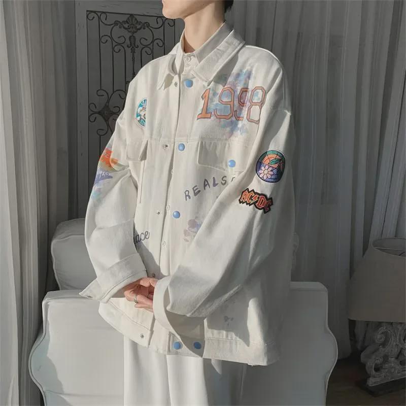 Men's Colorful Graffiti Denim Jacket - 2023 Spring & Autumn Collection, Unique Lapel Design, Loose Fit