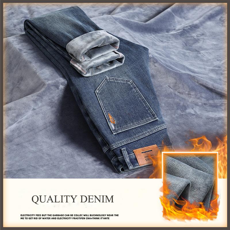 2024 Autumn And Winter Men'S Plush Thickened Warm Slim Fit Small Foot Elastic Trendy Brand Versatile Casual Denim Long Pants