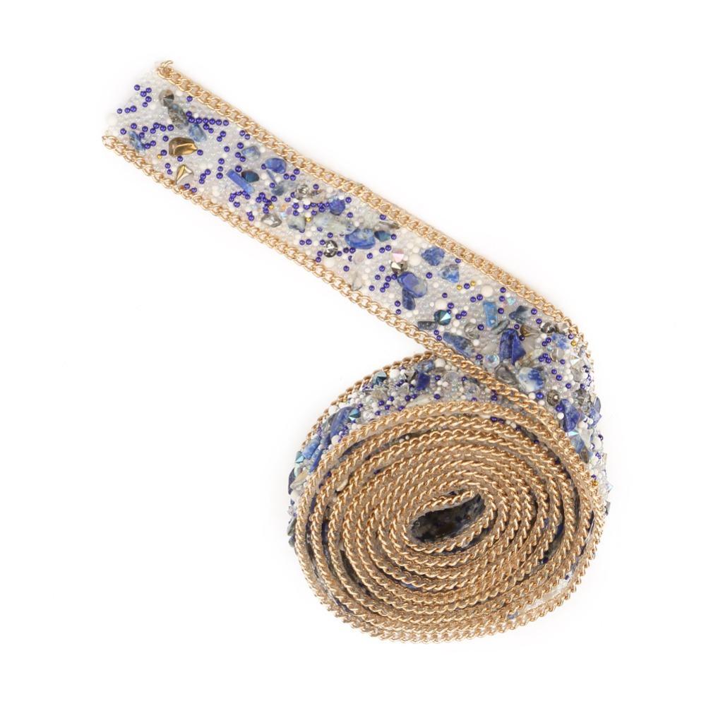 1pcs 1M Length Rhinestone Ribbon Chain Gold Chain Combined Beaded Applique Trim For Clothes White Rice Bead