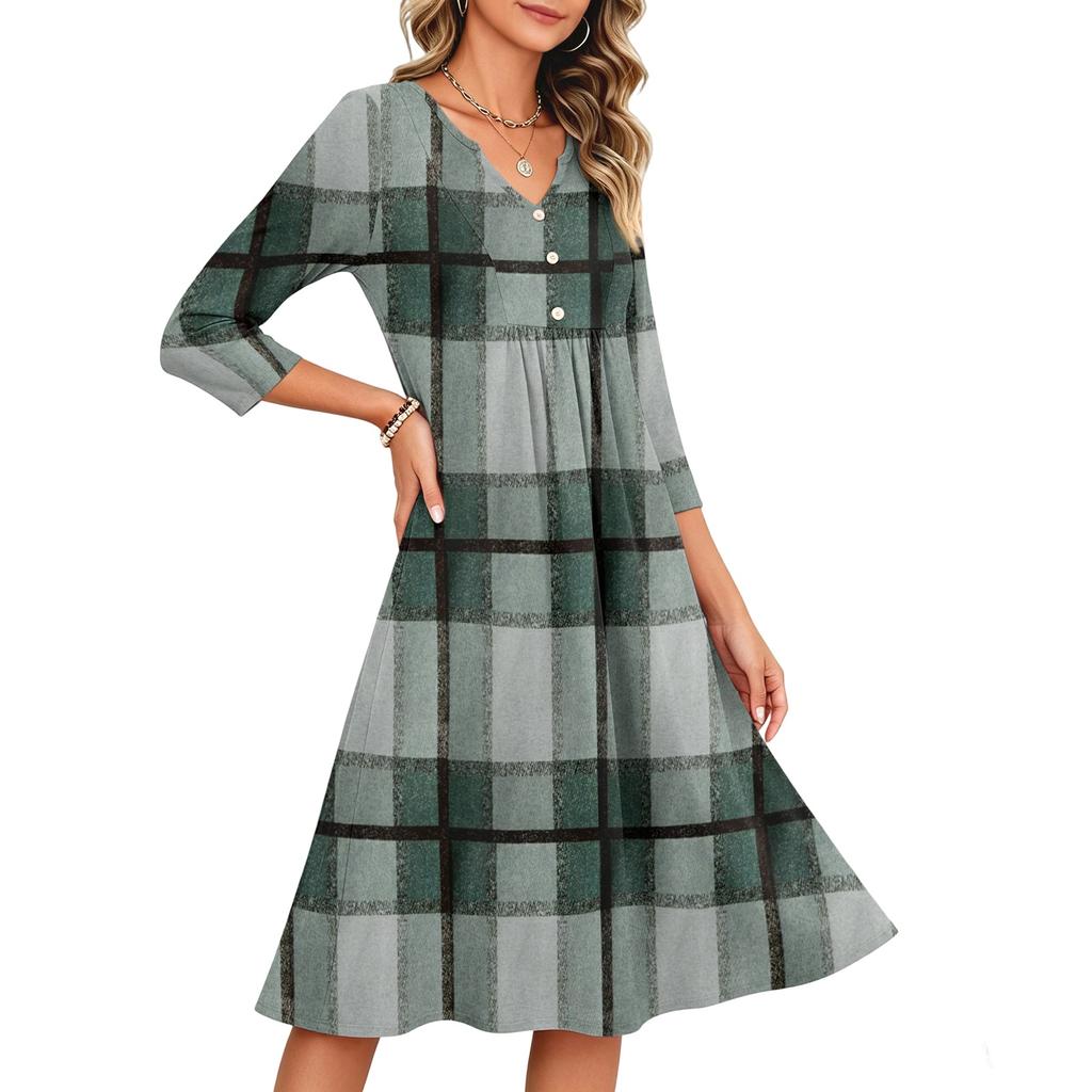 Lässiges Damen-Karo-Kleid mit V-Ausschnitt und Dreiviertelärm
