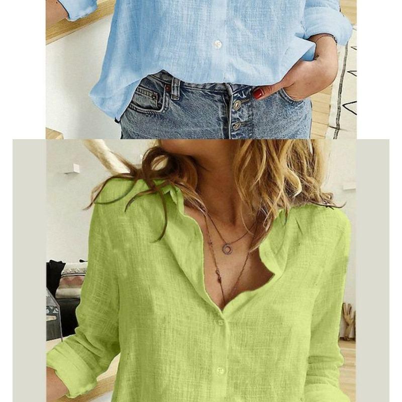 Spring and Autumn Solid Color Casual Loose Long-sleeved Linen Shirts In Stock
