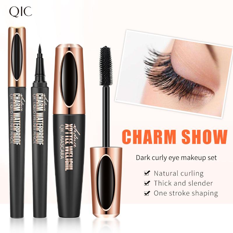 QIC eyeliner mascara set, eye makeup, slender and dense, waterproof and non-smudging 2 pcs