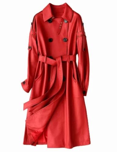 Handmade Leather Stylish Red Long Women's Trench Coat Genuine Soft Lambskin