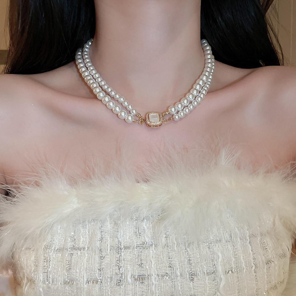 

French Hepburn Style Pearl Chain Choker Double Layers Pearl Chain Beads Pearl Necklace Gifts